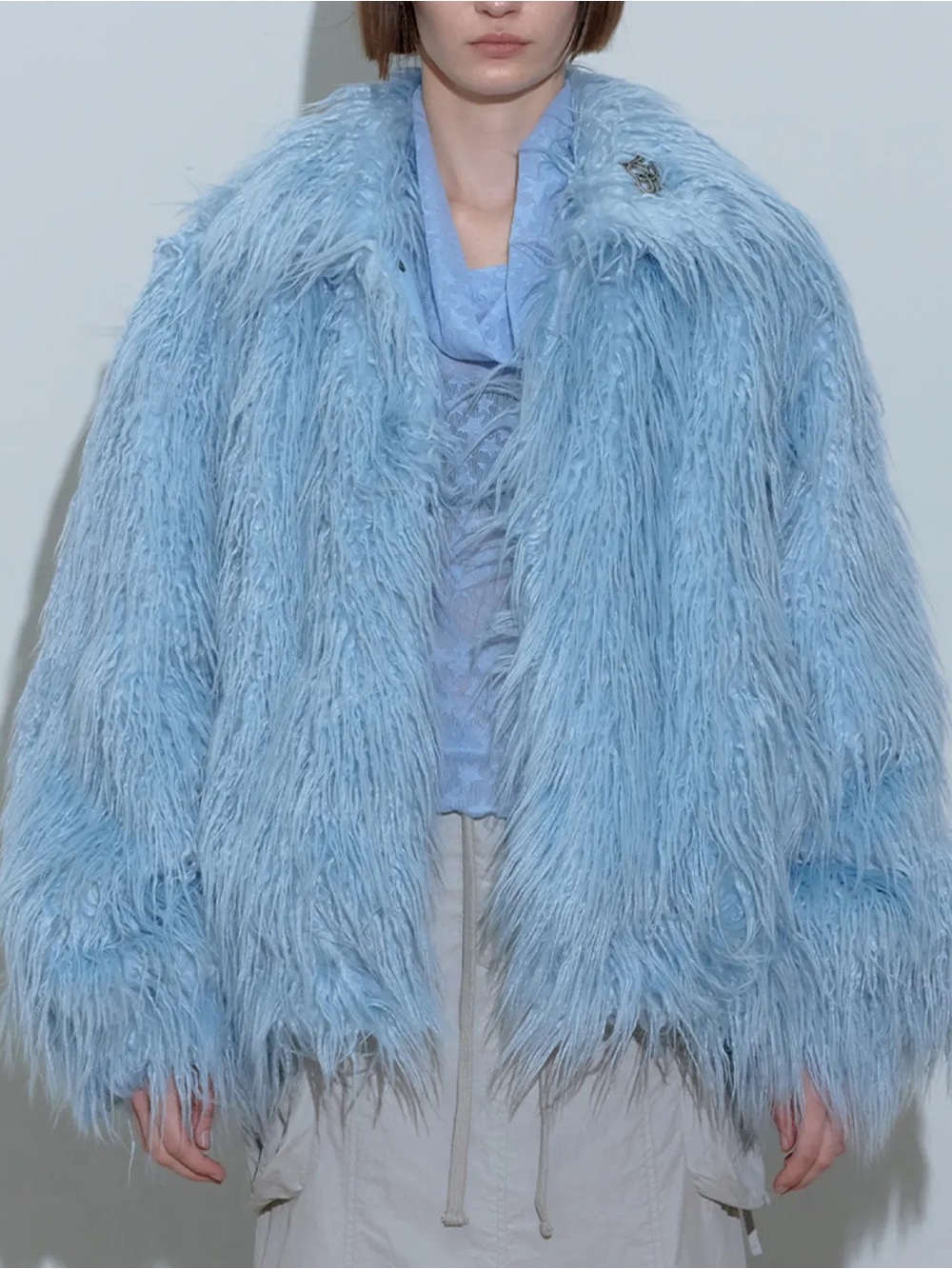 Light Blue Faux Mongolian Fur Jacket - Women's Luxe Shag Coat